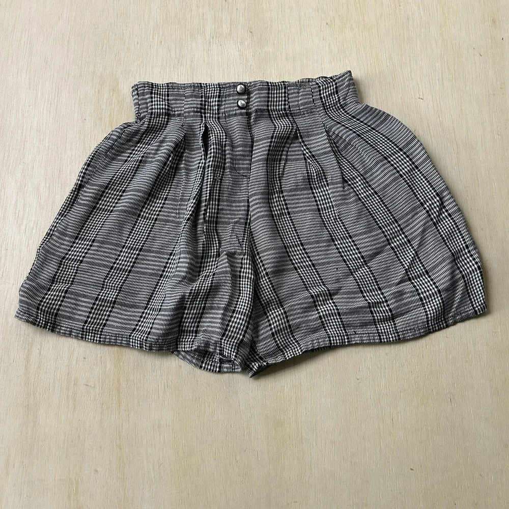 Vintage My Michelle Paperbag Shorts Womens M Black Houndstooth Twill Elastic